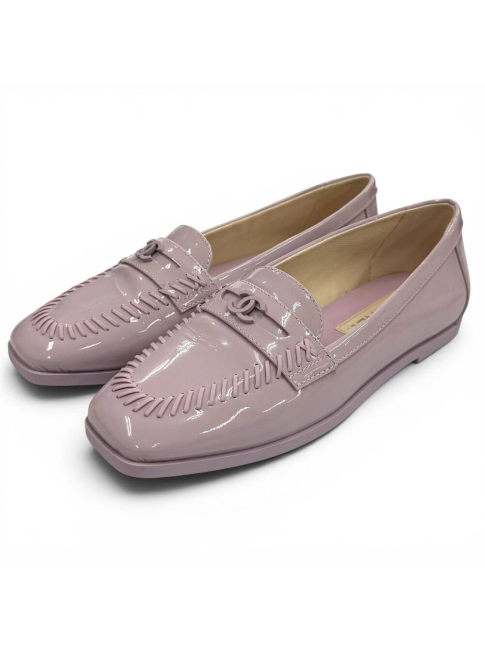 Chanel CC Logo Square Toe Patent Leather Loafers Purple